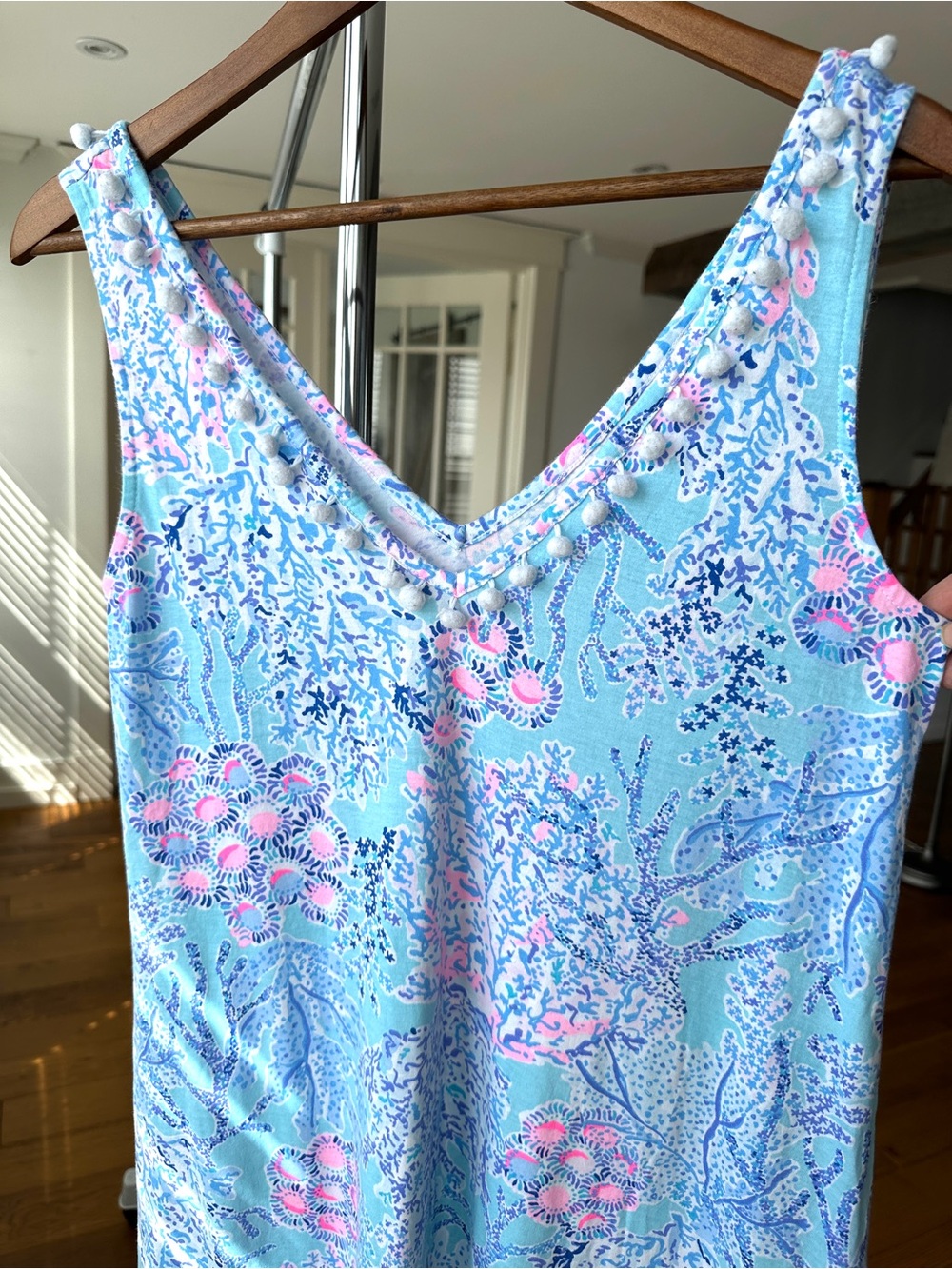 Lilly Pulitzer Blue Floral Dress with Ruffled Hem, Sleeveless, Pompom Trim